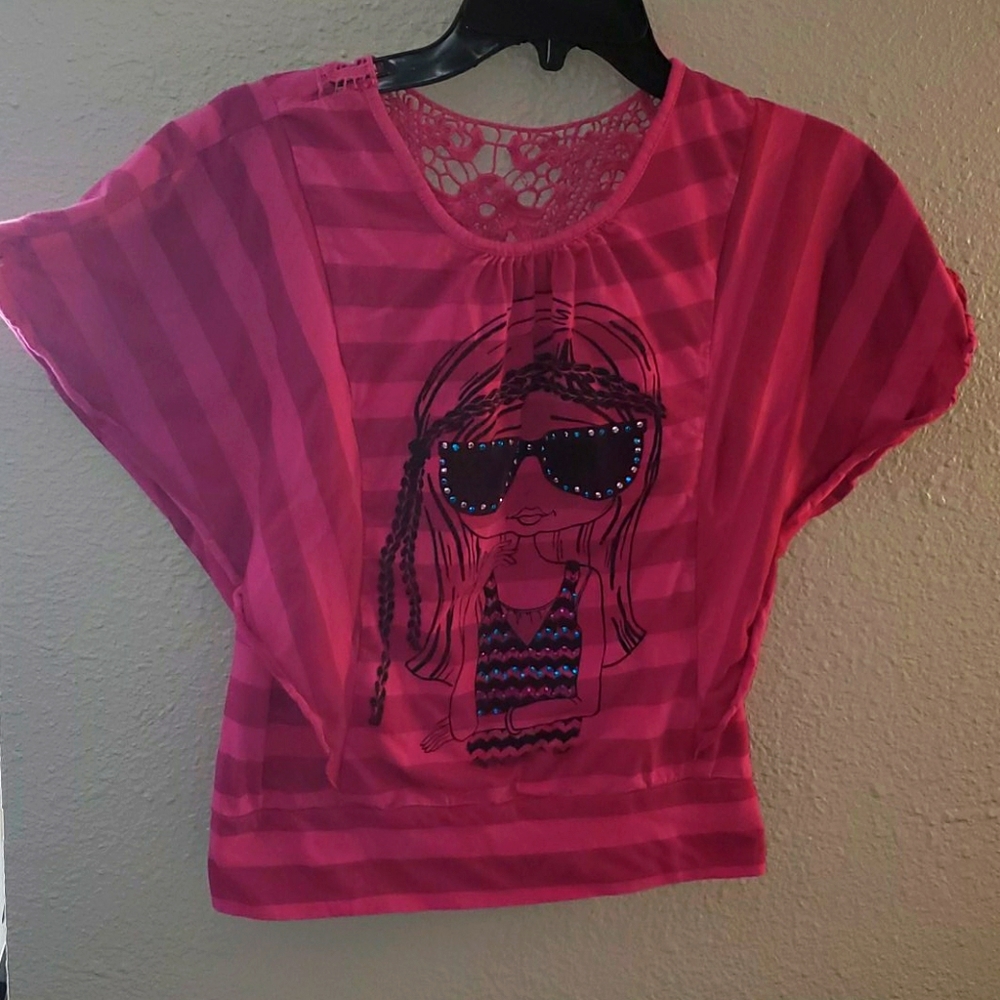 Self-esteem pink striped top w/girl & sunglasses
